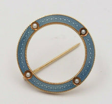 Load image into Gallery viewer, Art Deco Smoky Blue Guilloche Enamel Split Pearl Circle Pin Brooch
