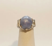 Load image into Gallery viewer, Vintage Blue Grey 25 Carat Cabochon Star Sapphire Baguette Diamond Platinum Ring