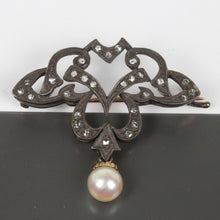 Load image into Gallery viewer, Victorian 10K Yellow Gold and Silver Diamond Pearl Brooch