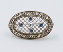 Load image into Gallery viewer, Antique Art Deco Filigree Diamond & Sapphire Brooch, Pin