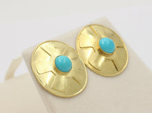 Load image into Gallery viewer, Vintage Natural Turquoise Funky Disk 18K Gold Post Back Earrings