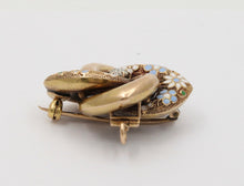 Load image into Gallery viewer, Victorian Etruscan Revival 14K YG Enamel Flowers Old Euro Diamond Brooch Pendant