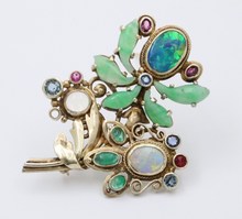 Load image into Gallery viewer, Antique Silver Art & Craft Opal & Jade Flower Brooch.