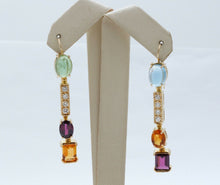Load image into Gallery viewer, Vintage 18K Multi Stone Dangle Earrings Topaz Peridot Amethyst Diamonds Citrine