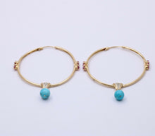 Load image into Gallery viewer, Light Weight 10K Gold Turquoise & pink Topaz , Diamond Large Hoop Earrings