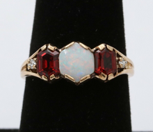Load image into Gallery viewer, Vintage 10K Yellow Gold Opal, Garnet and Diamond Ring Band. Stacking Ring.