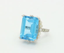 Load image into Gallery viewer, Elegant Retro Emerald Cut Blue Topaz Diamonds Pearls 18K White Gold Ring