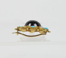 Load image into Gallery viewer, Vintage Tourmaline 14K Yellow Gold Seed Pearls Turquoise Brooch Pin