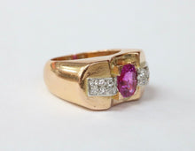 Load image into Gallery viewer, Retro 1940’s Pink Sapphire and Diamond 18K Yellow Gold Ring