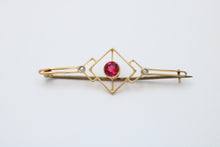 Load image into Gallery viewer, Art Deco 9K Yellow Gold Synthetic Pink Sapphire Pearls Brooch Pin