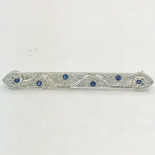 Load image into Gallery viewer, Vintage 18K White Gold Diamond Sapphire Bar Pin
