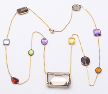 Load image into Gallery viewer, Vintage 14K Yellow Gold Smoky Quartz, Amethyst, Citrine,and Peridot Station Neck