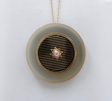 Load image into Gallery viewer, Antique 14K Yellow Gold White Agate Desic Black Enamel Brooch, Pendant