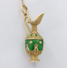Load image into Gallery viewer, Vintage 18K yellow Gold Green Enamel European Jug Pitcher Charm Pendant.