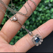 Load image into Gallery viewer, Edwardian 14K Gold & Silver Sapphire, Rose Cut Diamond Floral Lavalier Necklace