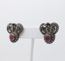 Load image into Gallery viewer, Antique 14K Gold & Silver Diamond, Ruby, Emerald and Sapphire Earrings