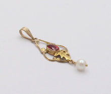 Load image into Gallery viewer, Antique Art Nouveau 10K Yellow Gold Pink Tourmaline & Pearl Charm, Teardrop Pend
