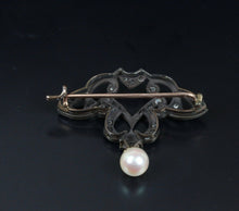 Load image into Gallery viewer, Victorian 10K Yellow Gold and Silver Diamond Pearl Brooch