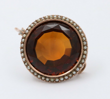 Load image into Gallery viewer, Vintage 14K Rose Gold Madeira Citrine Seed Pearl Halo Brooch.