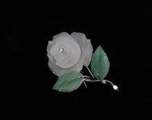 Load image into Gallery viewer, Vintage 14K White Gold Diamond & Jade Carved Rock Crystal Rose Brooch