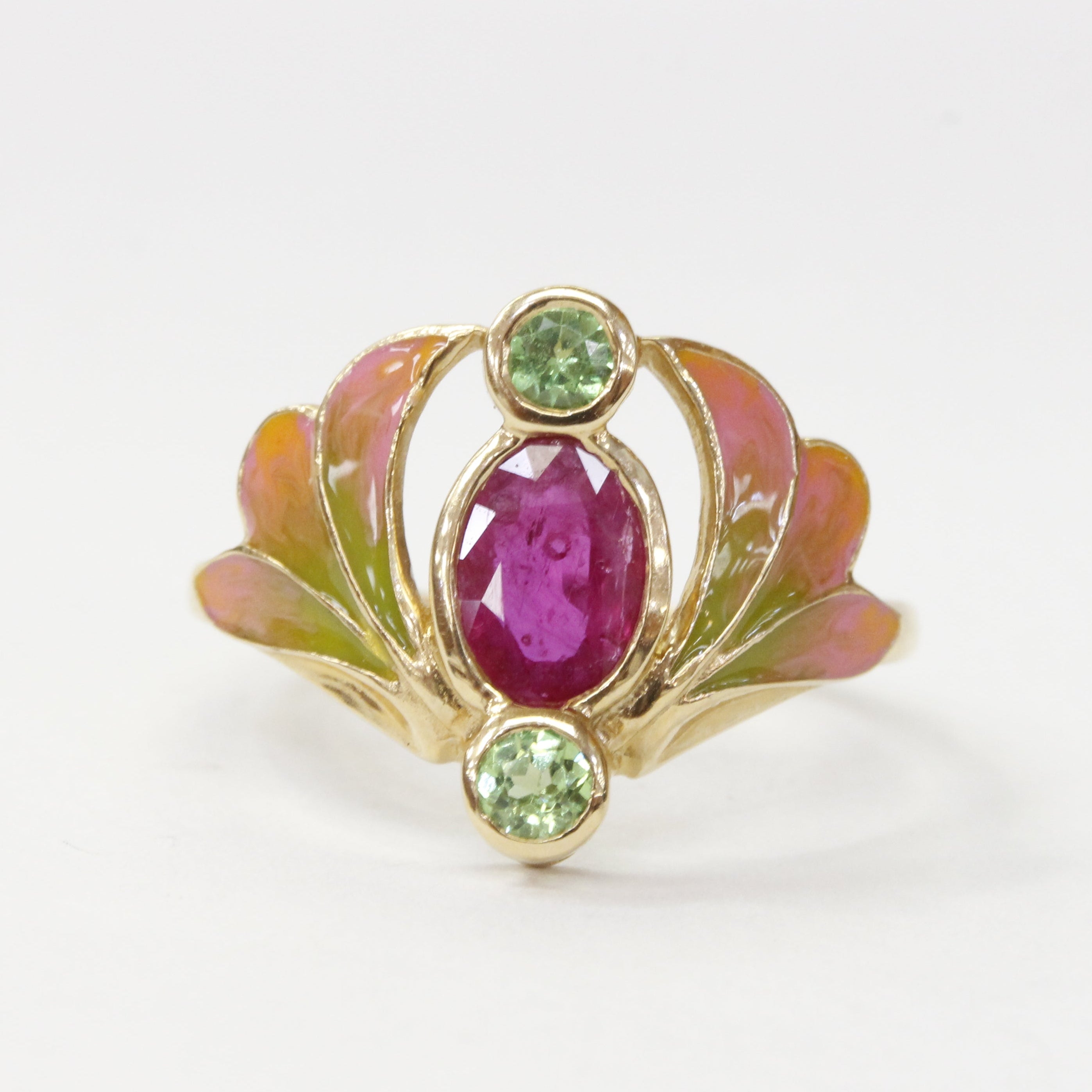 Vintage Art Nouveau Style Burma Ruby Enamel 14K Gold Ring, Statement Ring