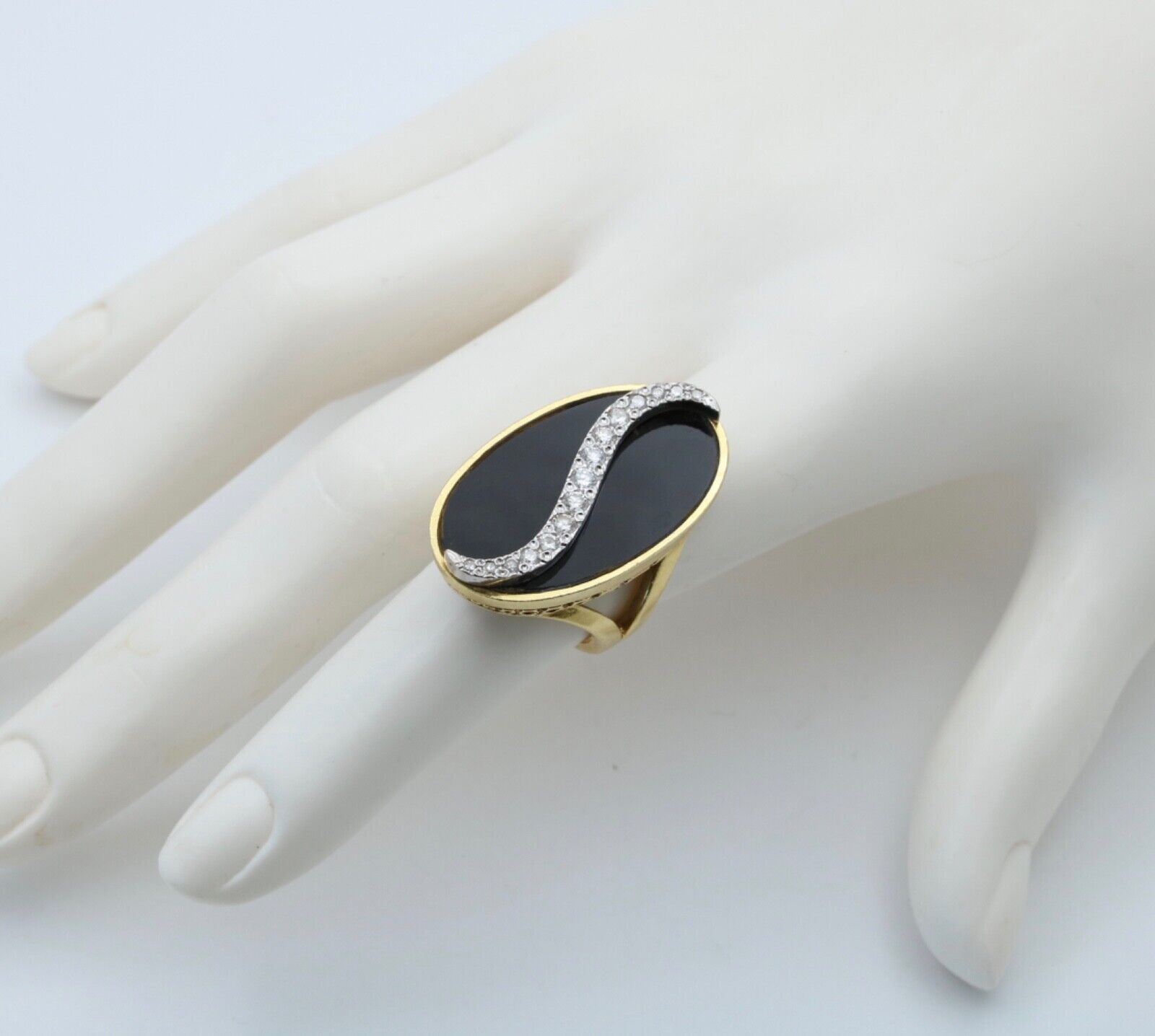 Vintage Statement Diamonds Black Onyx 18K Yellow and White Gold Ring