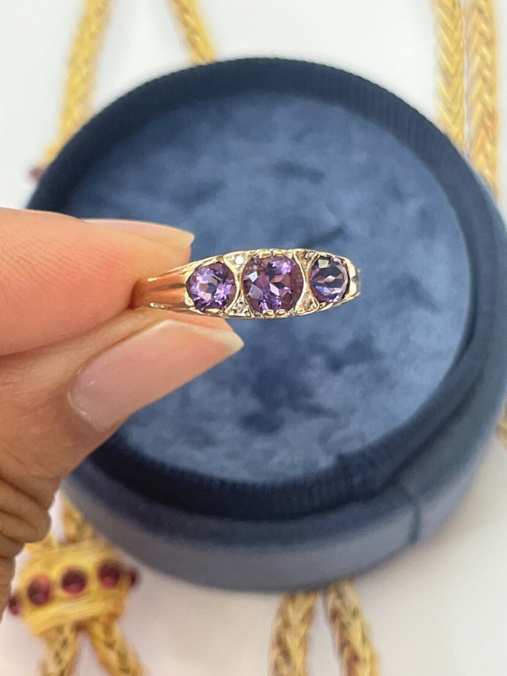 Victorian 14K Yellow Gold Three Stones Amethyst  & diamond Ring