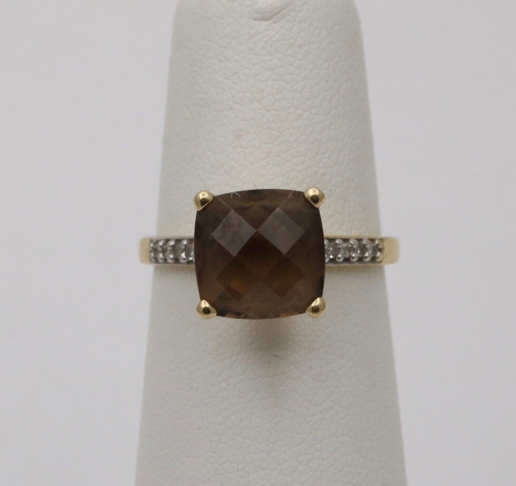 Vintage Smoky Quartz Diamonds 14K Yellow Gold Ring