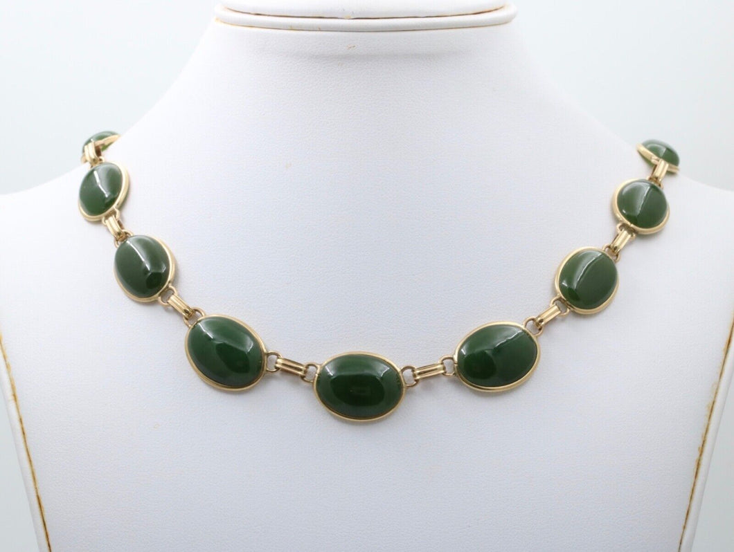 Vintage Oval Eternity Jade 14K Yellow Gold Necklace