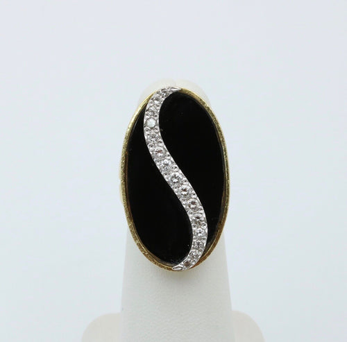 Vintage Statement Diamonds Black Onyx 18K Yellow and White Gold Ring