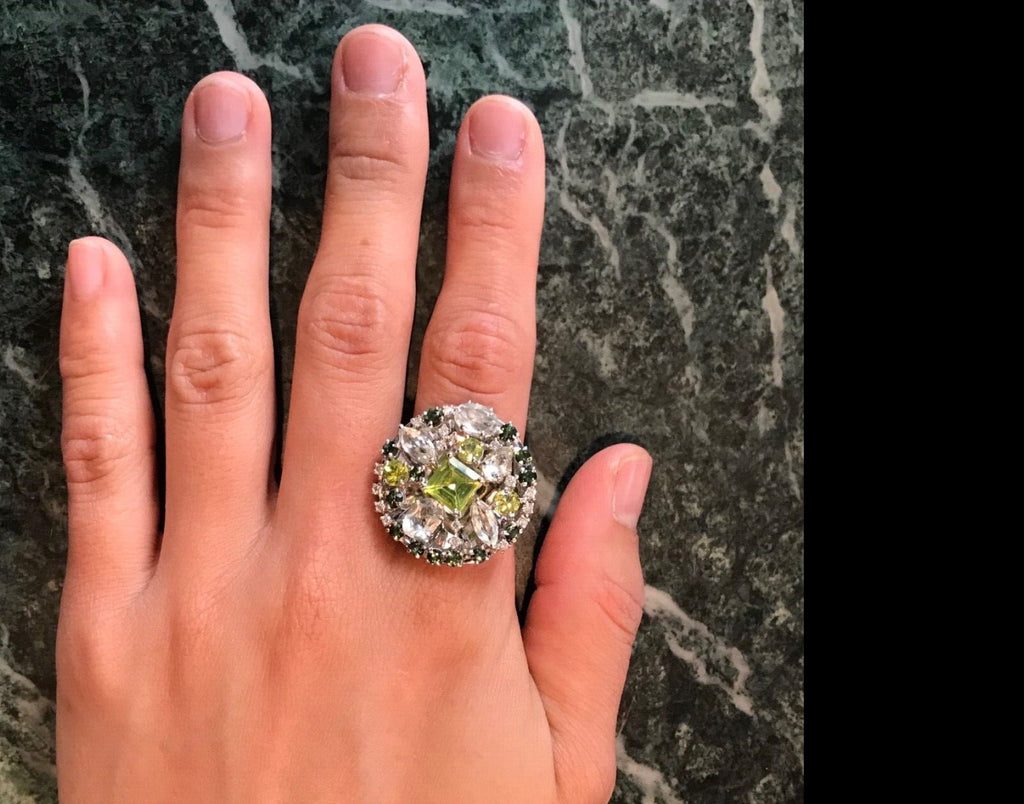Striking Denoir 18K Gold Peridot, Prasiolite, Tourmaline and Diamond Ring