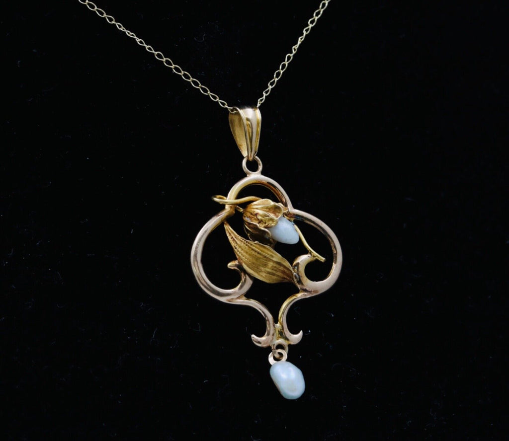Art Nouveau 10K Yellow Gold Acorn Pearl Pendant Necklace