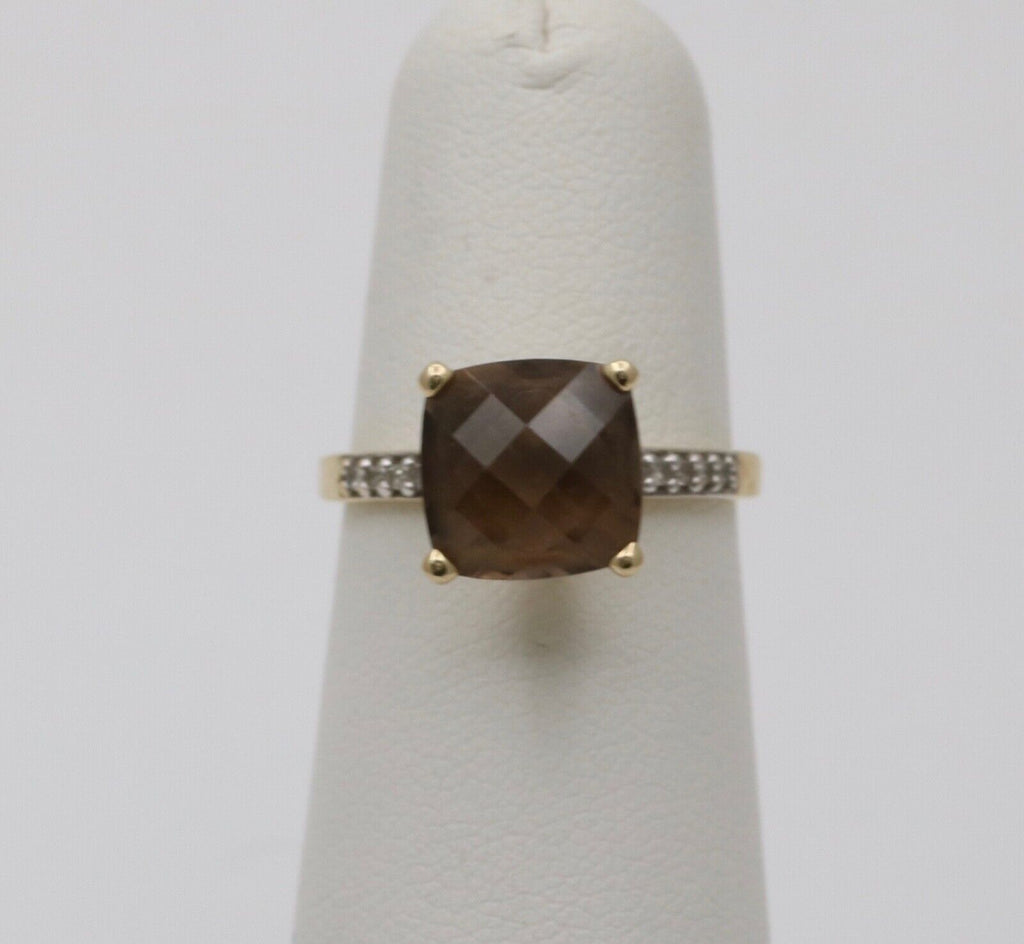 Vintage Smoky Quartz Diamonds 14K Yellow Gold Ring