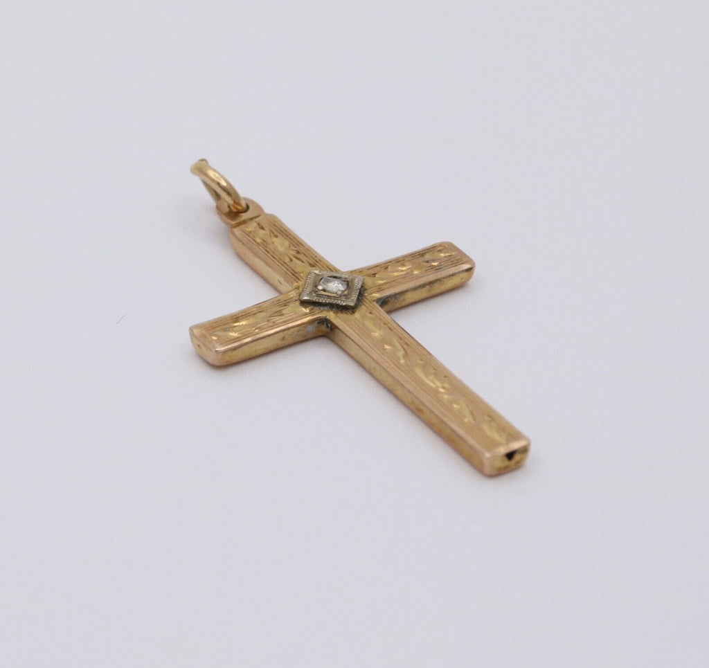 Vintage 10K Yellow & White Gold Cross Diamond Pendant