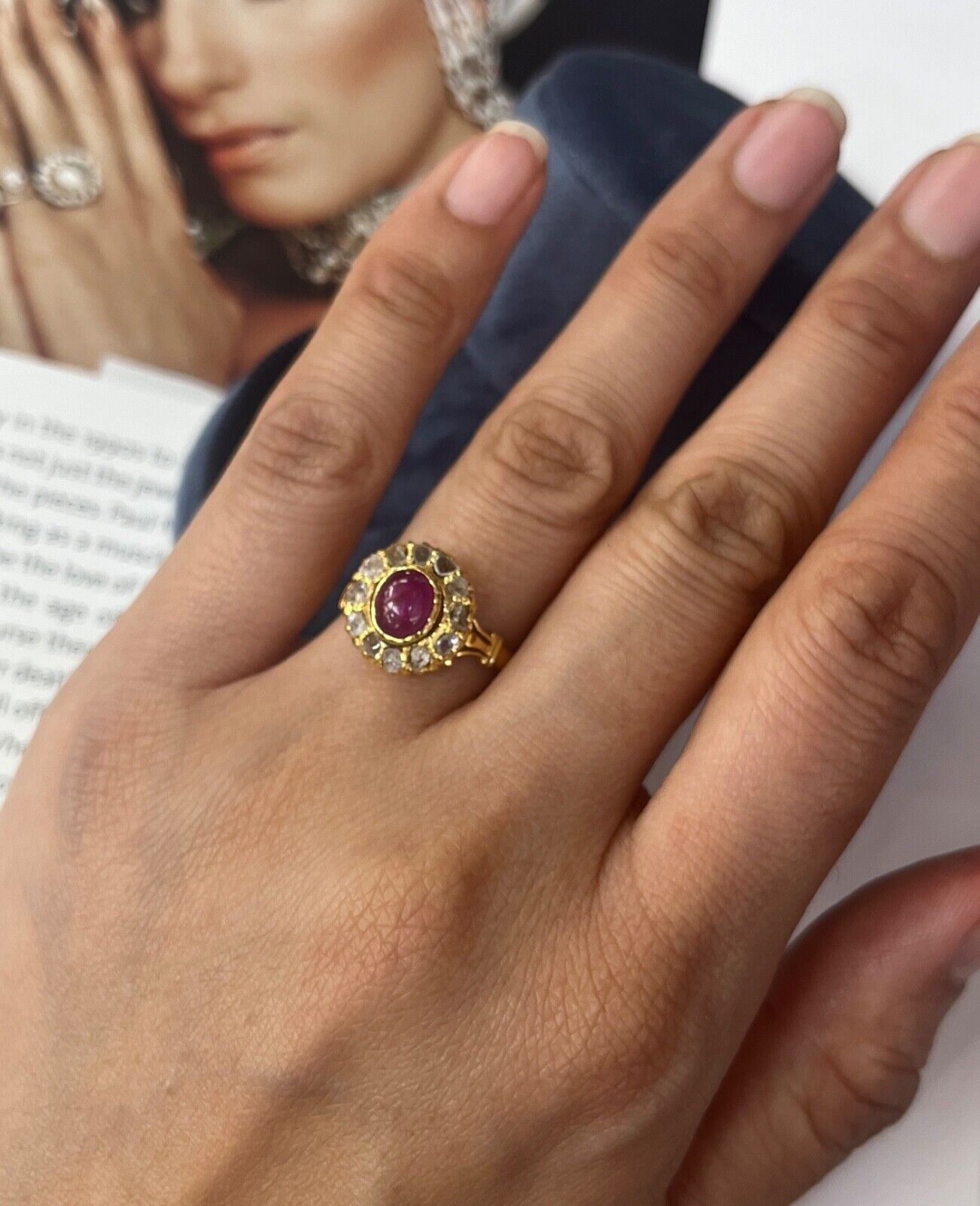 Vintage 22 K Yellow Gold Ruby & Diamond Ring, Engagement Ring.