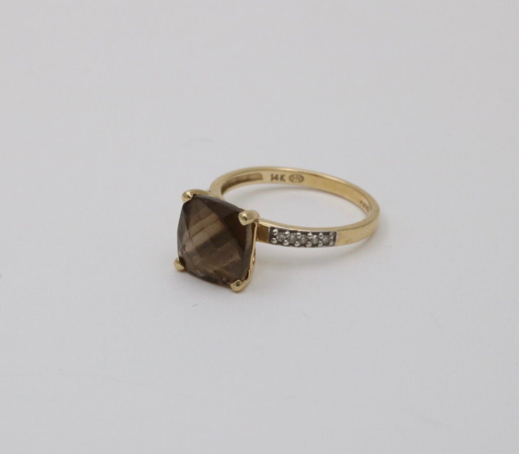Vintage Smoky Quartz Diamonds 14K Yellow Gold Ring