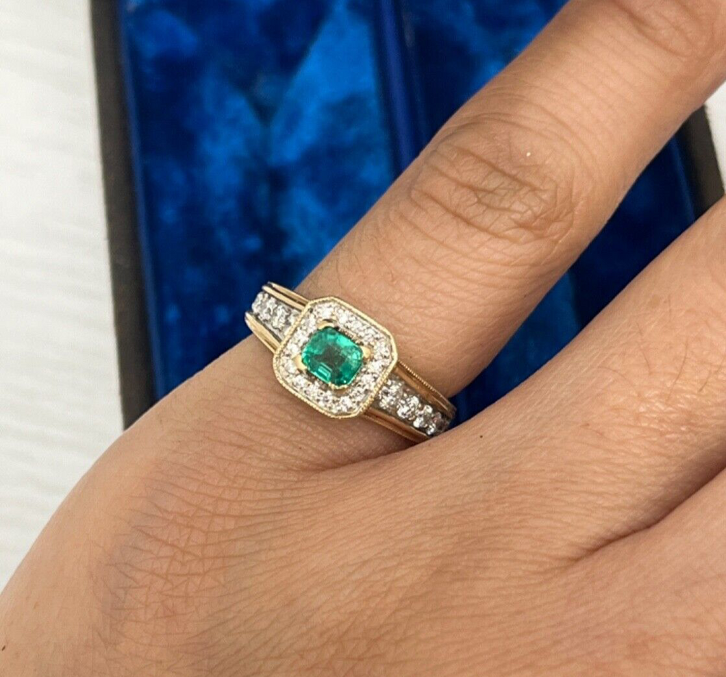 Vintage 14K Yellow Gold Emerald & Diamond Ring, Engagement Ring