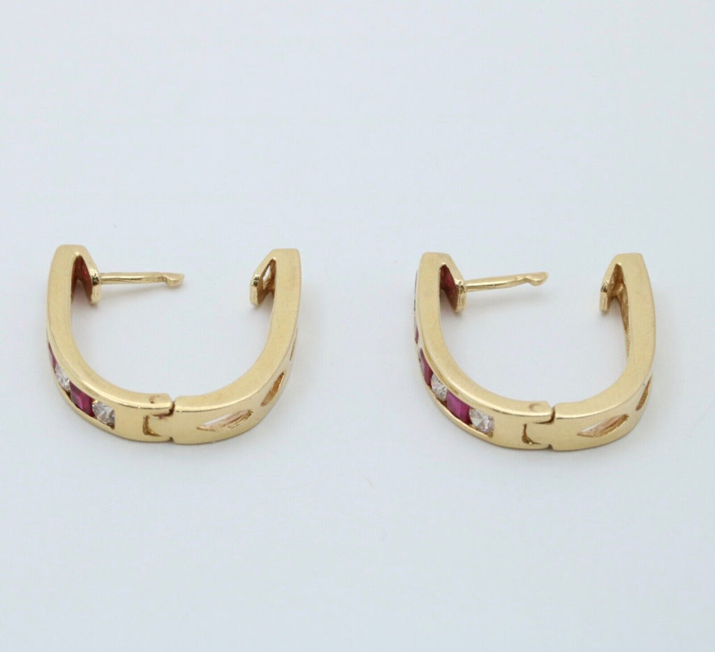 Vintage 14K Yellow Gold Ruby And Diamond Huggies Earrings