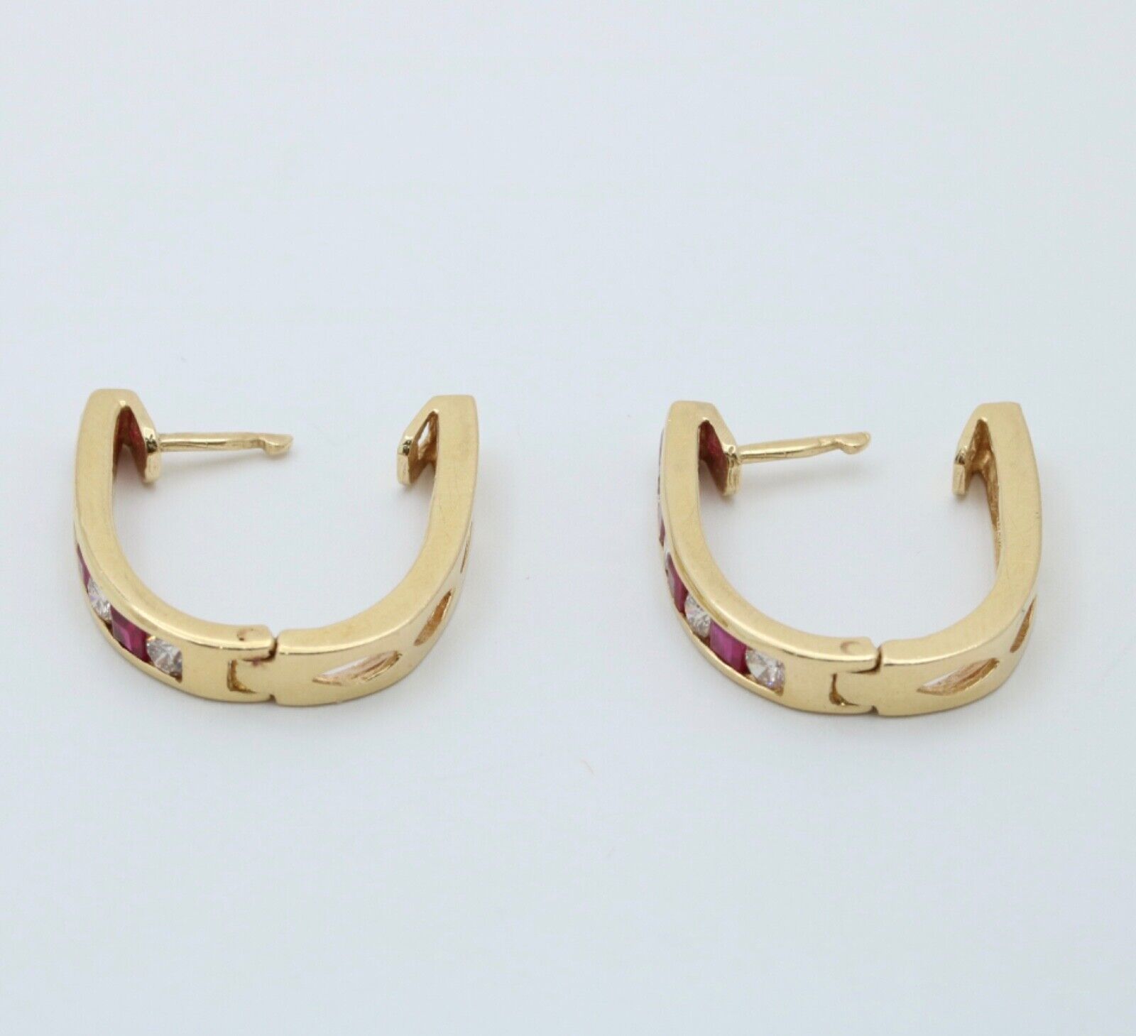 Vintage 14K Yellow Gold Ruby And Diamond Huggies Earrings