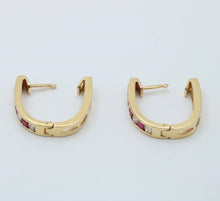 Load image into Gallery viewer, Vintage 14K Yellow Gold Ruby And Diamond Huggies Earrings
