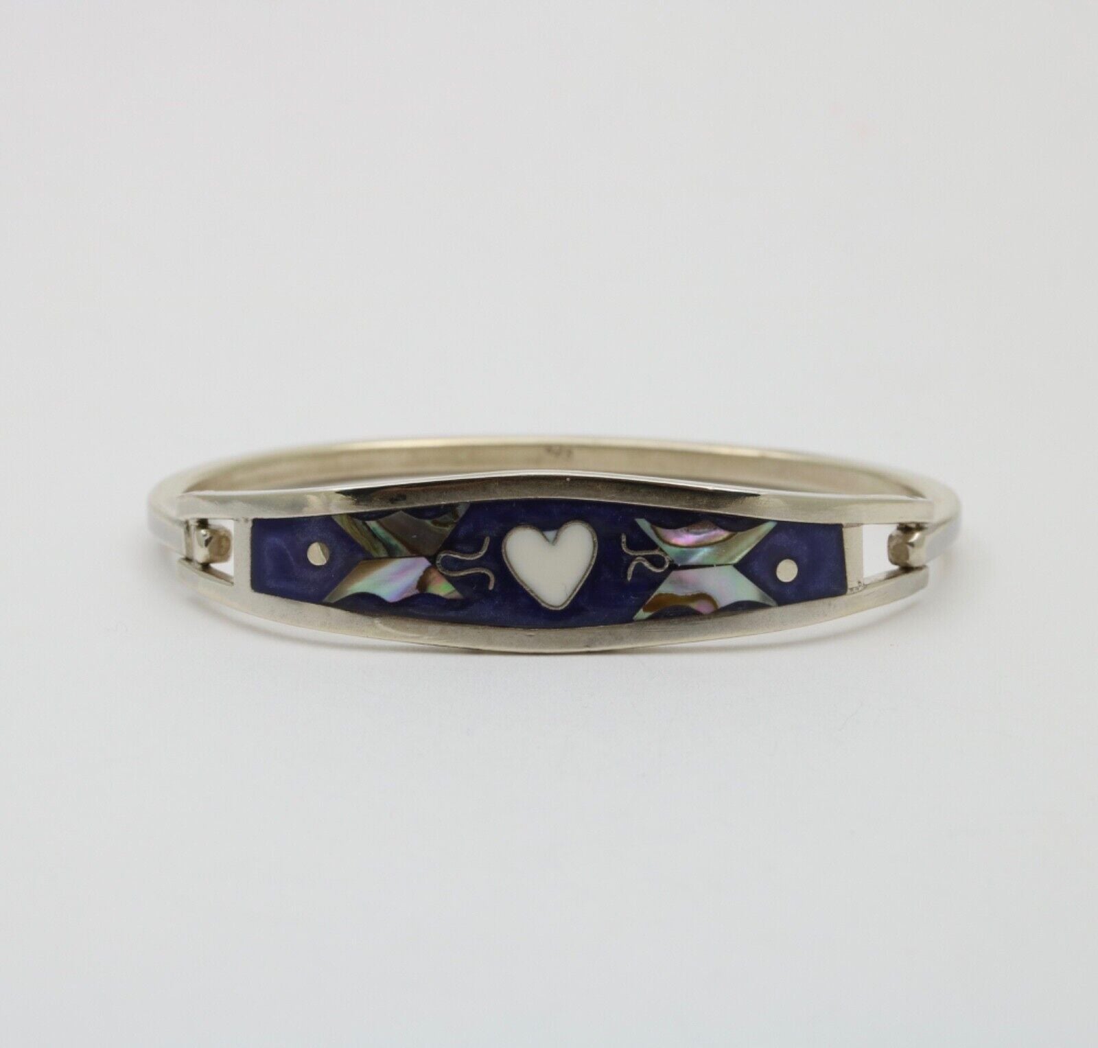 Sterling Silver Inlay Mother Of Pearl Heart & Butterfly Bangle