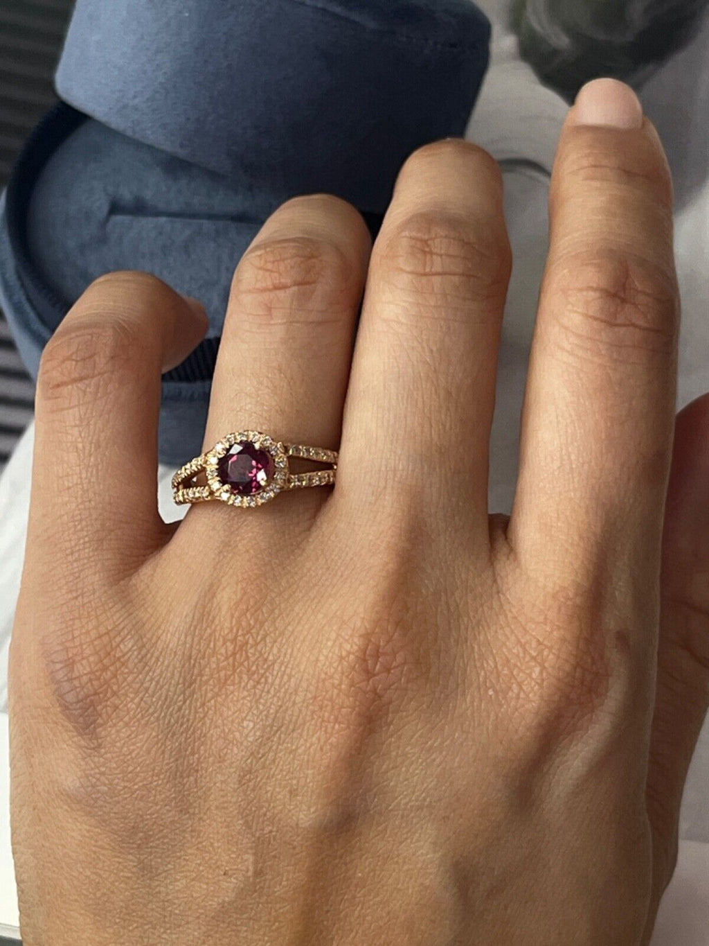 Vintage 14K Rose Gold Rhodolite Garnet Diamond Ring