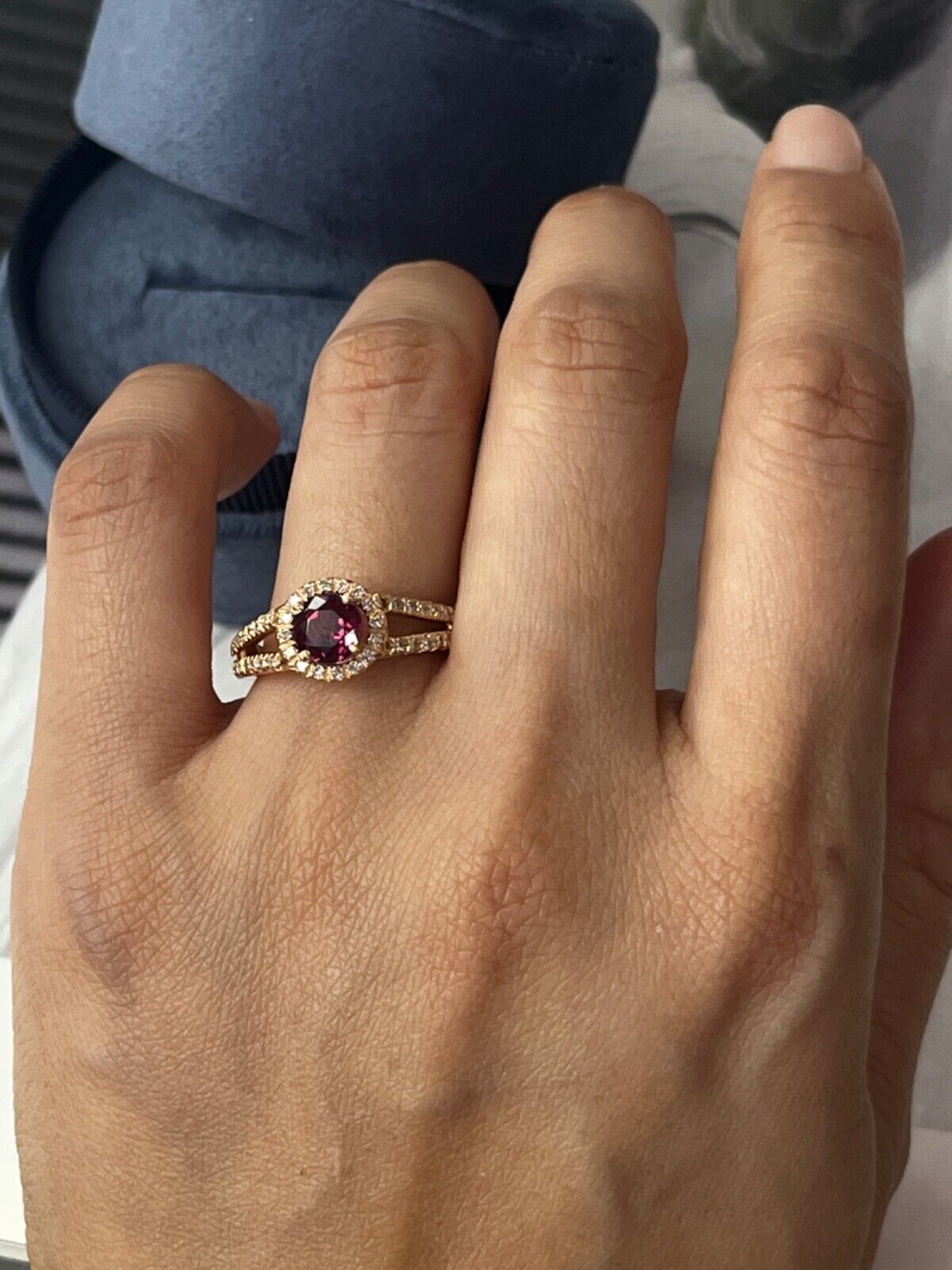 Vintage 14K Rose Gold Rhodolite Garnet Diamond Ring