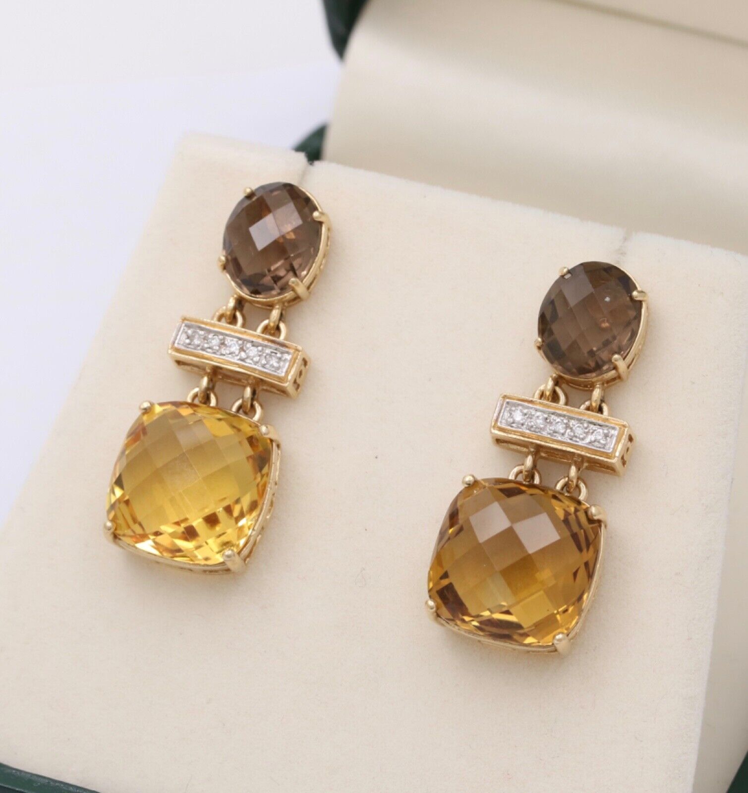 Vintage Citrine Amethyst Diamond 14K Yellow Gold Dangle Earrings