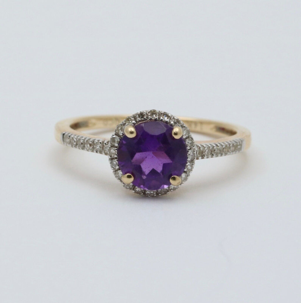 Vintage 14K Yellow Gold Amethyst Diamond Halo Ring