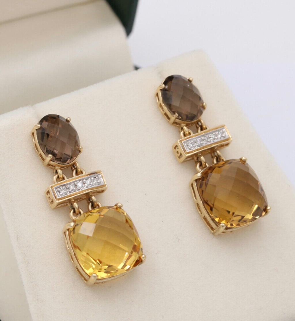 Vintage Citrine Amethyst Diamond 14K Yellow Gold Dangle Earrings