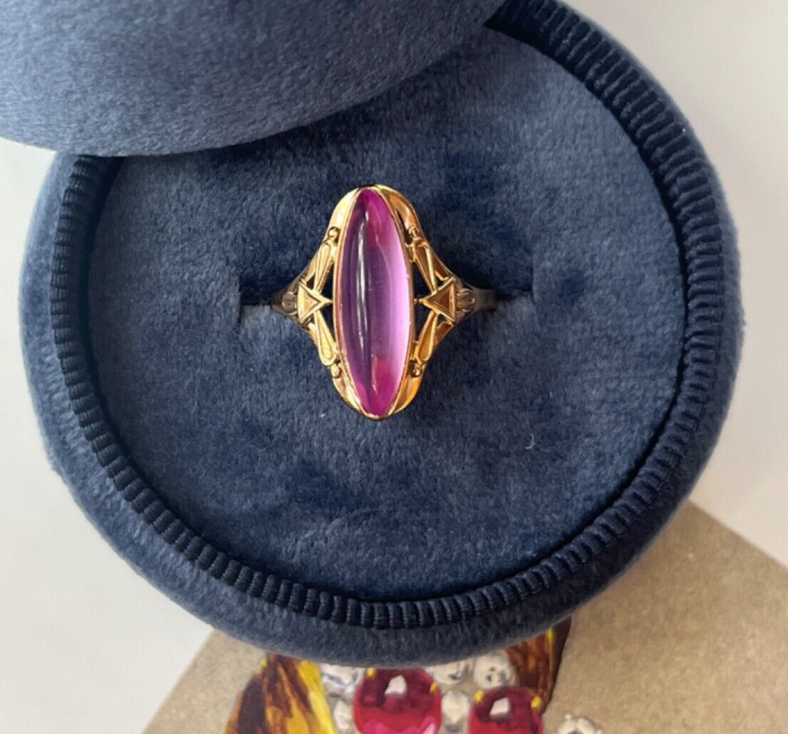 Vintage Russian 14K Yellow Gold Marquise Pink Paste Ring,