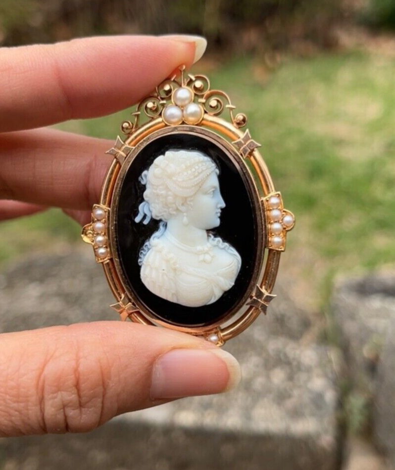 Victorian 14K Rose Gold Black Onyx Cameo Pendant Brooch