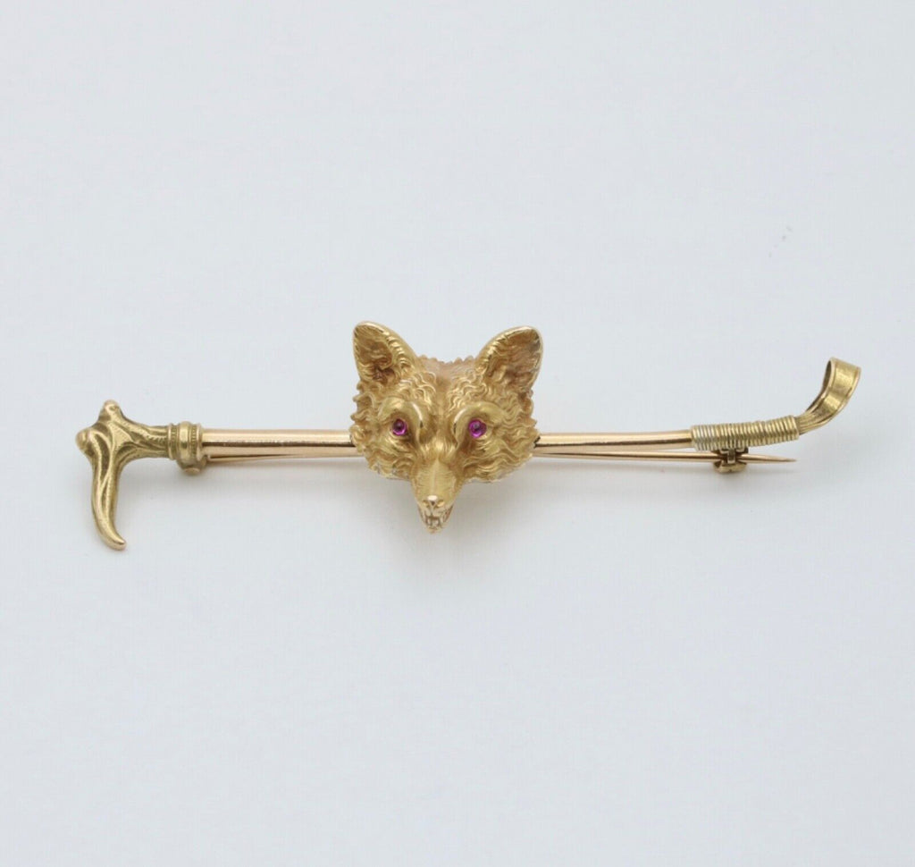 Vintage 14K Yellow Gold Fox Head & Whip Bar Pin