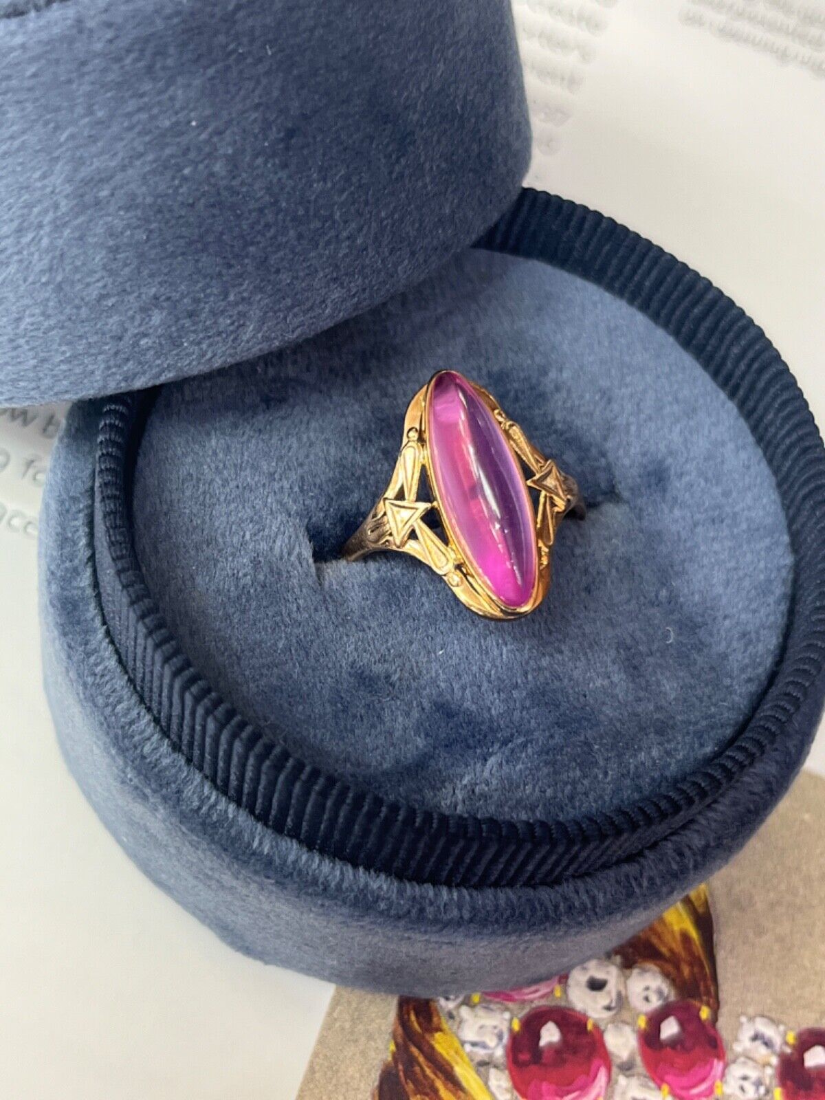 Vintage Russian 14K Yellow Gold Marquise Pink Paste Ring,
